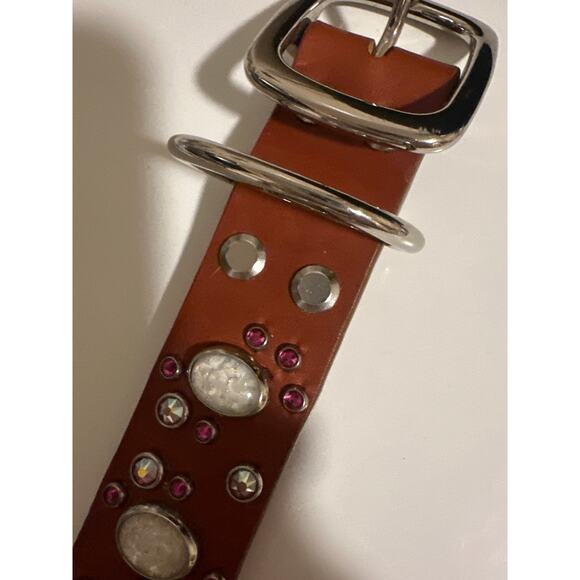 Leather boutique Dog collar Genuine Pittie 1.5" x 23” rhinestones pearl custom - Picture 2 of 7